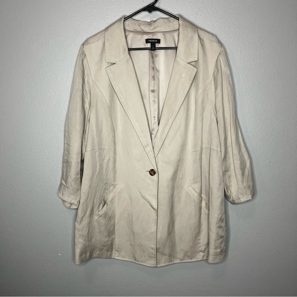 Torrid Blazer Lyocell Linen Blend Jacket Women 2 Beige Lines Collared 3/4 Sleeve - Picture 1 of 6